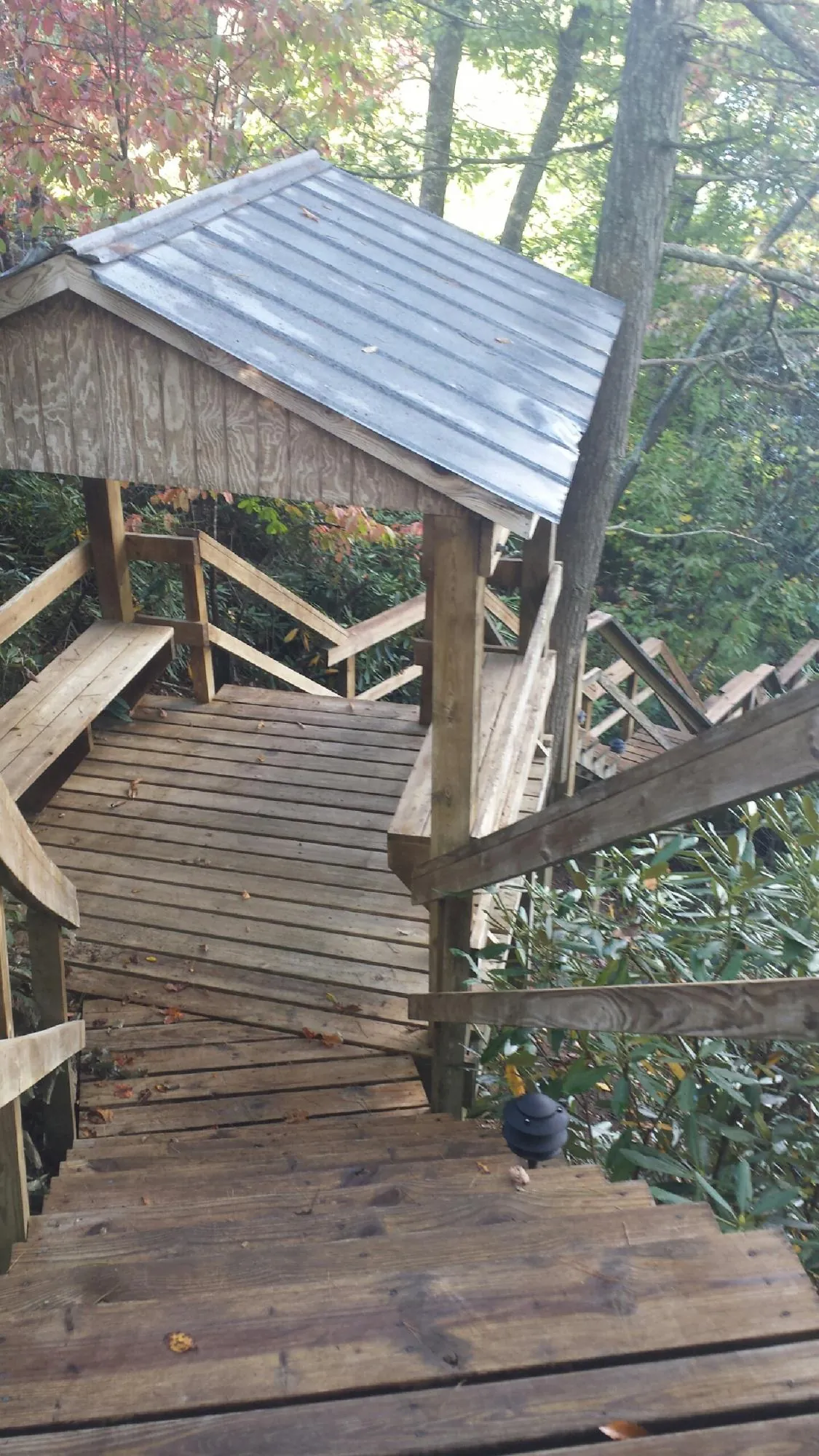 Metal roofed shelter over wooden steps on a wooded walkway — Skylight Repair & Installation work by our crew in Wanette